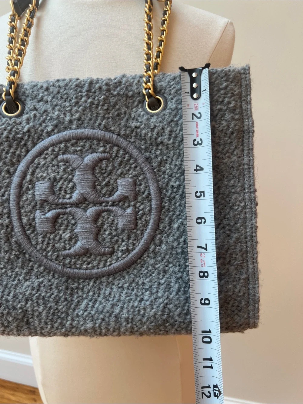 Tory Burch Gray Textured Logo Tote with Gold Chain Straps